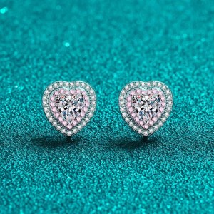 18K 925 Sterling Silver 0.5CT Heart Cut Moissanite Pink Inlaid Stud Earrings