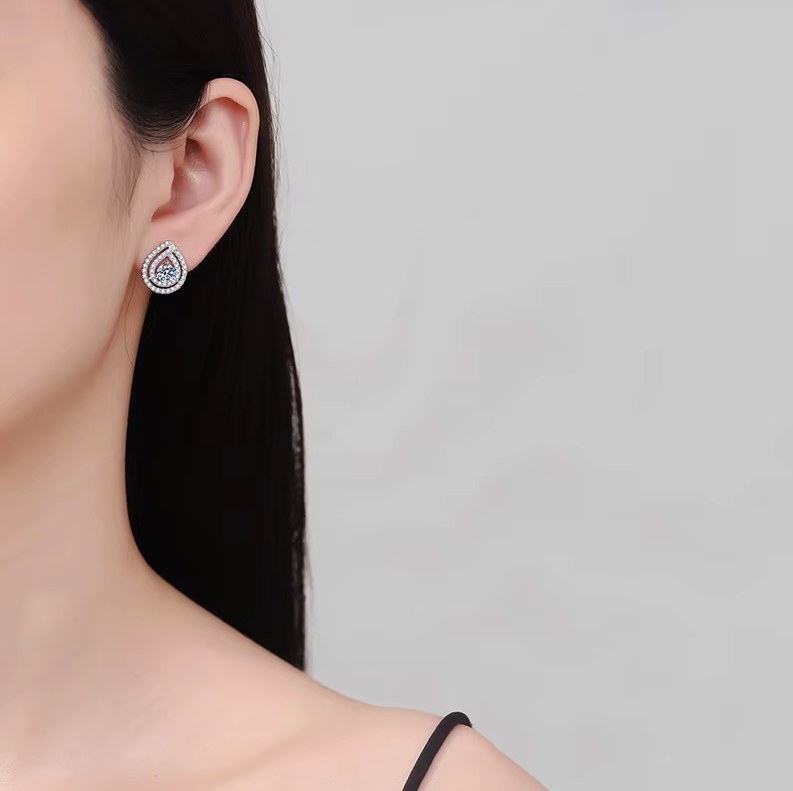 Platinum 925 Sterling Silver 1CT Pear Moissanite Pendant Choker/Stud Earrings - Image 5