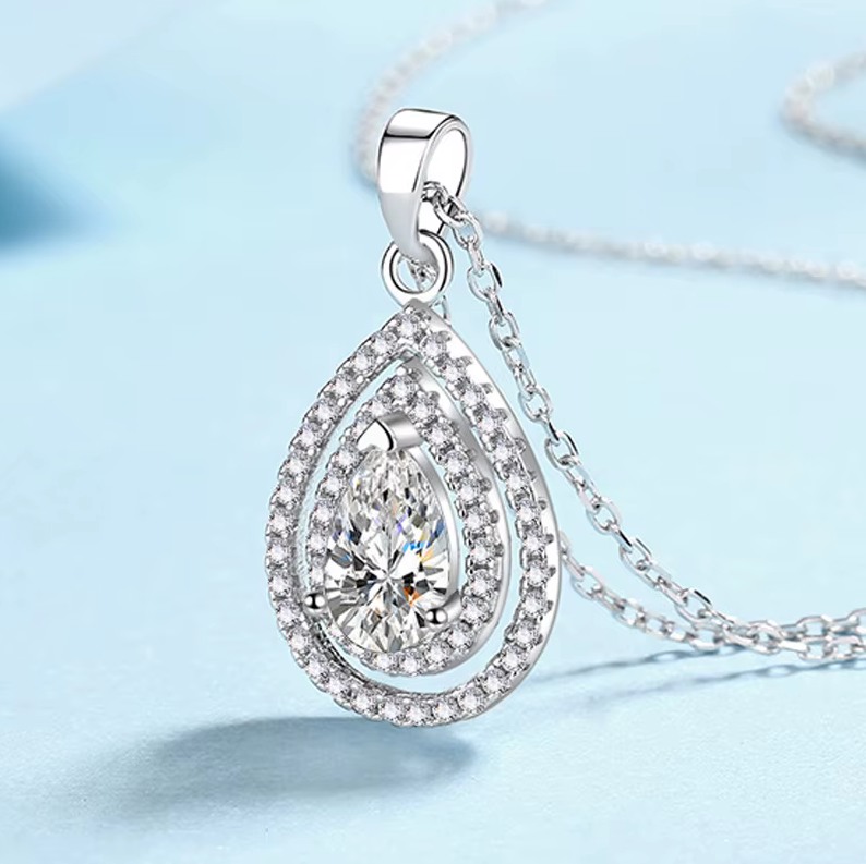 Platinum 925 Sterling Silver 1CT Pear Moissanite Pendant Choker/Stud Earrings - Image 2