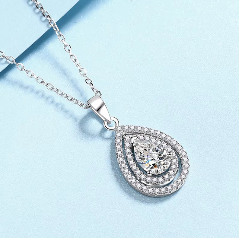 Platinum 925 Sterling Silver 1CT Pear Moissanite Pendant Choker/Stud Earrings