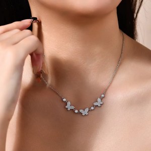 Elegant 18K 925 Sterling Silver Triple Butterfly Full Moissanite Pendant Choker