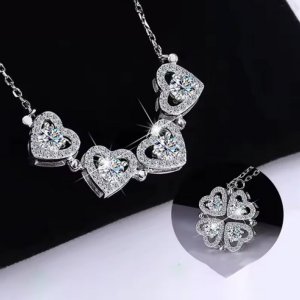 Elegant 925 Sterling Silver 1.2CT 4-Leaf Clover Hearts Moissanite Pendant Choker – 17″