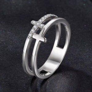 Classic 18K 925 Sterling Silver Moissanite Double Band Cross Ring (Size 6-8)