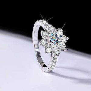 Exquisite 18K 925 Sterling Silver 1CT Round Cut Moissanite Sunflower Ring (5-9)