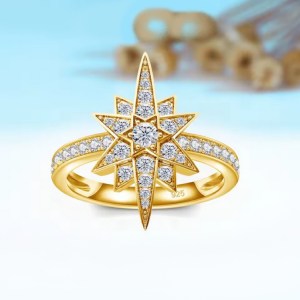 18K 925 Sterling Silver 0.1CT Center Moissanite 10-Pointed Star Ring (Size 6-12)