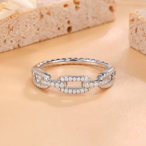 Genuine 925 Sterling Silver 5*mm Chain Link Semi-Pave Moissanite Ring (Size 4-11)