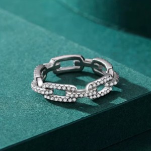 Rhodium 925 Sterling Silver 5*mm Chain Link Full Moissanite Ring (Size 5-8)