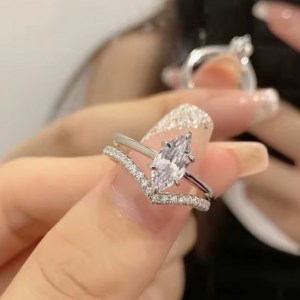 Elegant 18K 925 Sterling Silver 1CT Marquise Cut Full Moissanite Ring Set (4-9)