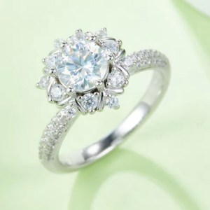 18K 925 Sterling Silver 1CT Round Cut Moissanite Flower Design Ring (Size 6-9)