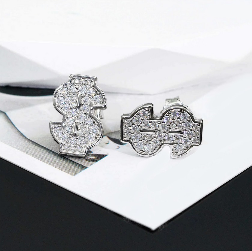 Luxury 925 Sterling Silver Full Moissanite Dollar Sign Symbol Stud Earrings - Image 2