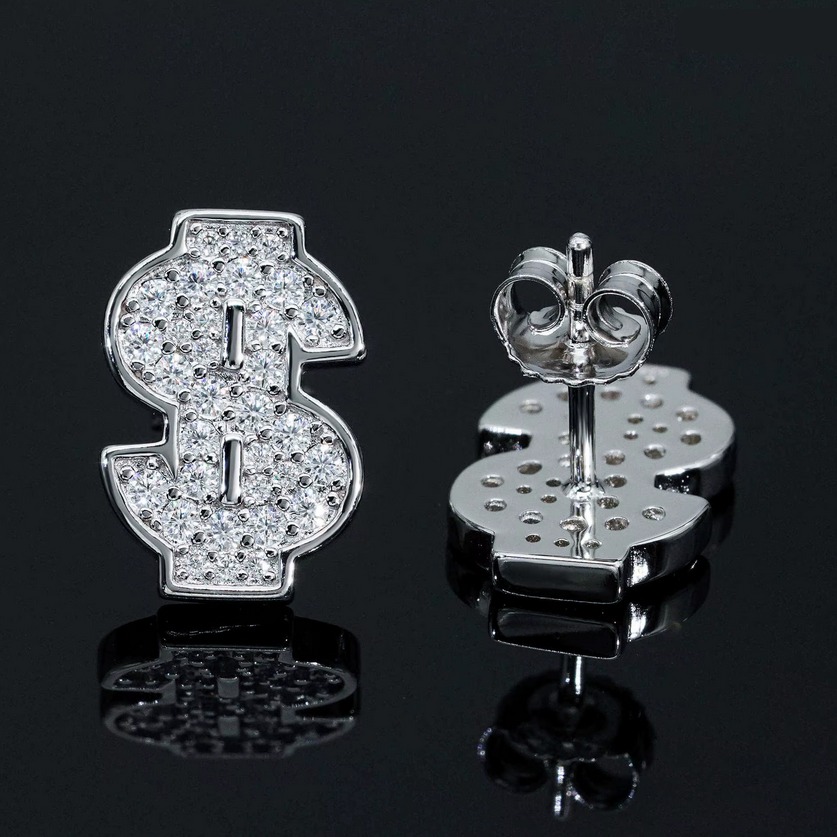 Luxury 925 Sterling Silver Full Moissanite Dollar Sign Symbol Stud Earrings - Image 3
