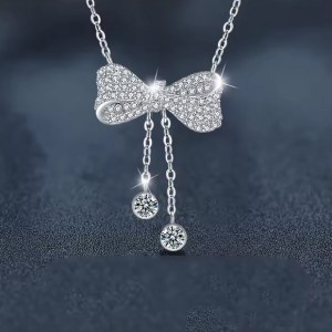 Elegant 18K 925 Sterling Silver Full Moissanite Bowknot Pendant Choker (17″)