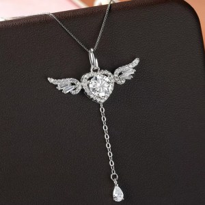 Fine 925 Sterling Silver Retractable Angel Wings 1CT Moissanite Pendant Necklace