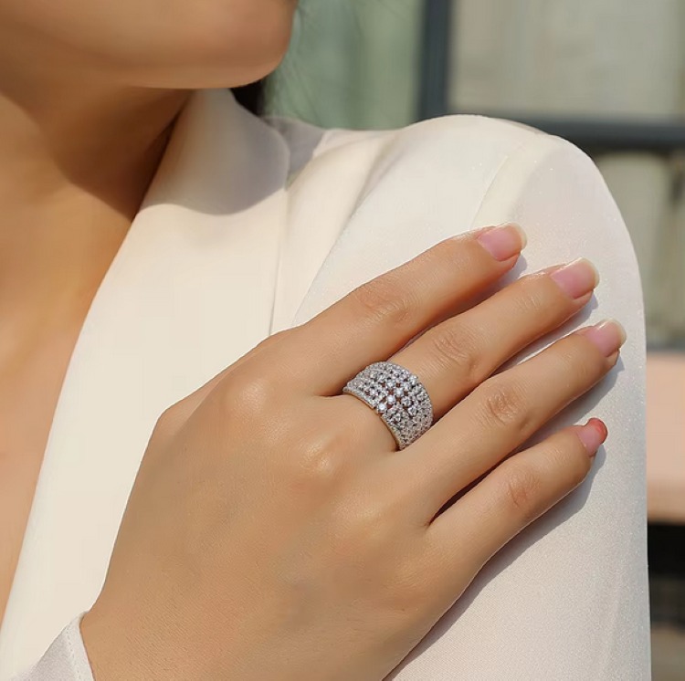 Platinum 925 Sterling Silver Wide Row Full Moissanite Arena Style Ring (Size 5-9) - Image 2