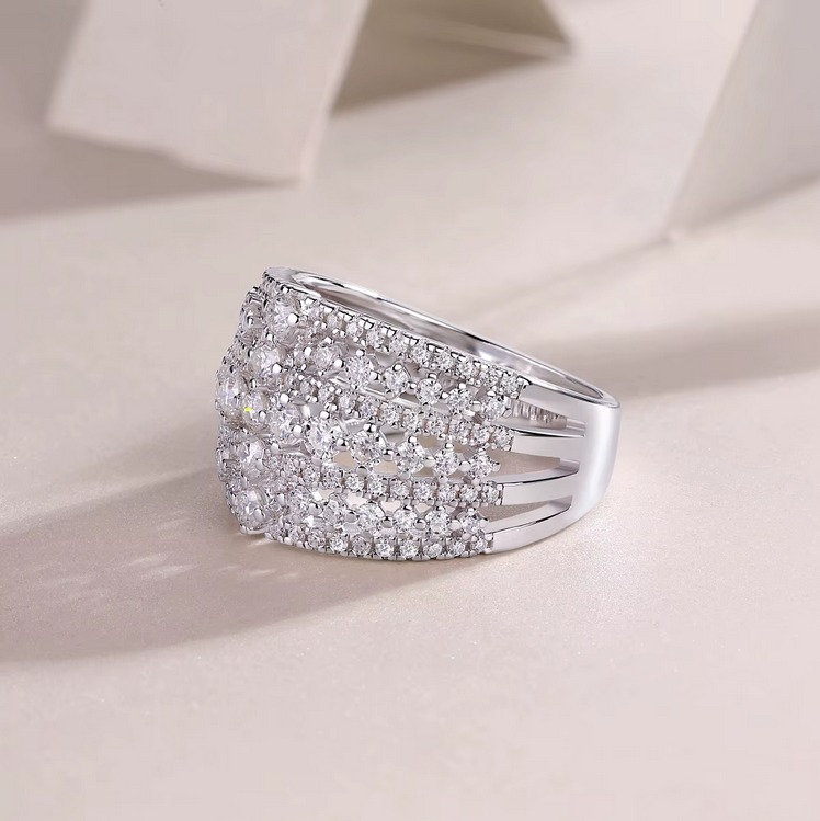 Platinum 925 Sterling Silver Wide Row Full Moissanite Arena Style Ring (Size 5-9) - Image 3