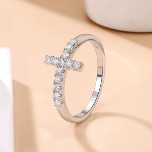 Classic 18K 925 Sterling Silver Sparkling Moissanite Cross Ring (Size 4-11)