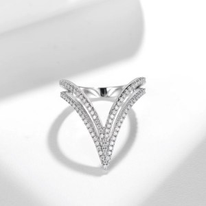 Creative 18K 925 Sterling Silver Full Moissanite Deep V-Shape Design Ring (6-10)