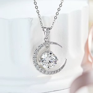 Genuine 925 Sterling Silver 2CT Moissanite Moon Planet Pendant Necklace (19″)