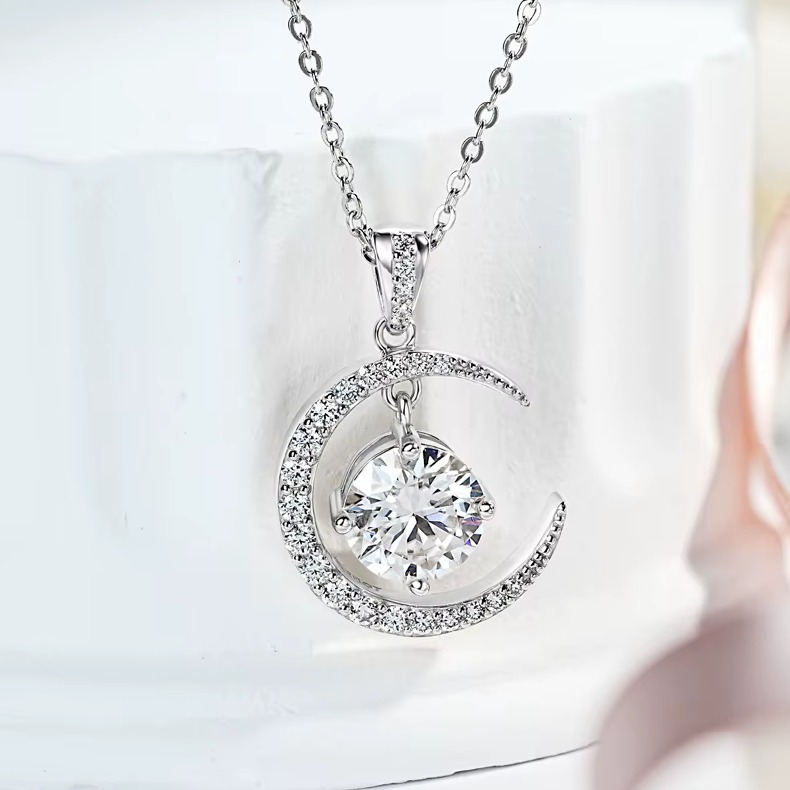 Genuine 925 Sterling Silver 2CT Moissanite Moon Planet Pendant Necklace (19″)