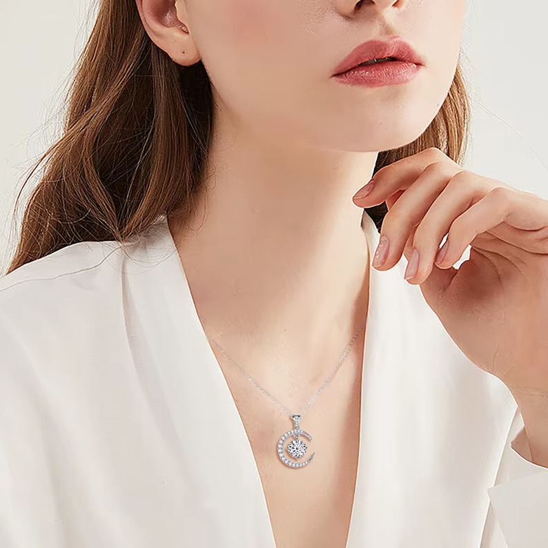 Genuine 925 Sterling Silver 2CT Moissanite Moon Planet Pendant Necklace (19″) - Image 2