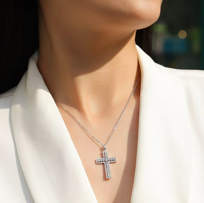 Luxury 18K 925 Sterling Silver Full Moissanite Hollow Cross Pendant Necklace - Image 2