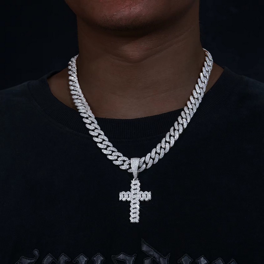 Men's Platinum 925 Sterling Silver Full Moissanite 10mm Cuban Link Cross Pendant - Image 3