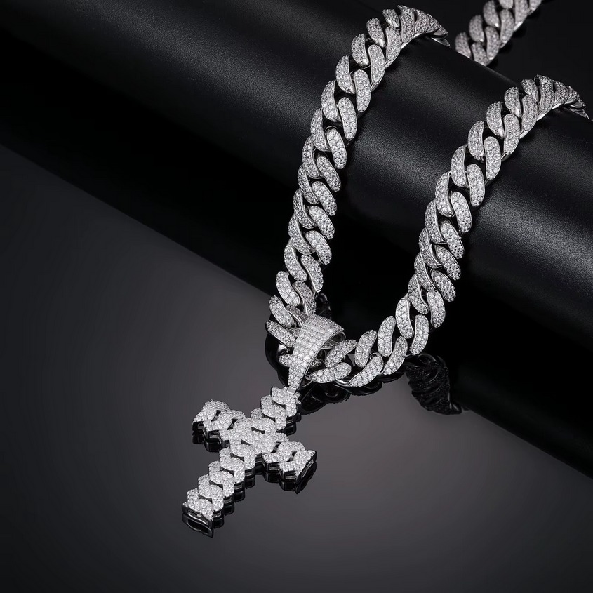 Men's Platinum 925 Sterling Silver Full Moissanite 10mm Cuban Link Cross Pendant - Image 5