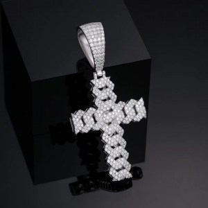Men’s Platinum 925 Sterling Silver Full Moissanite 10mm Cuban Link Cross Pendant