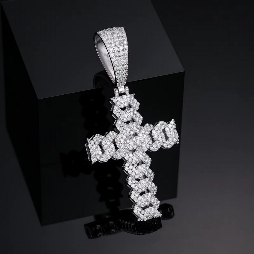 Men's Platinum 925 Sterling Silver Full Moissanite 10mm Cuban Link Cross Pendant