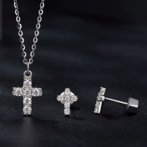 18K 925 Sterling Silver Full Moissanite Little Cross Necklace & Earring Set