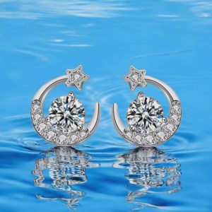Platinum 925 Sterling Silver 1CT Moissanite Moon & Star Stud Earrings