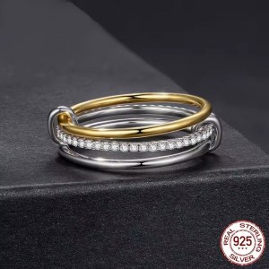 18K 925 Sterling Silver Interlocked Two-Tone 3-Layer Moissanite Ring (Size 5.5-8)