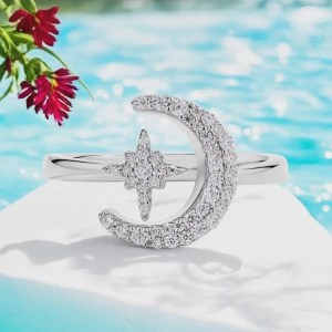 18K 925 Sterling Silver Full Moissanite Moon & Star Luxury Ring (Size 5-10)