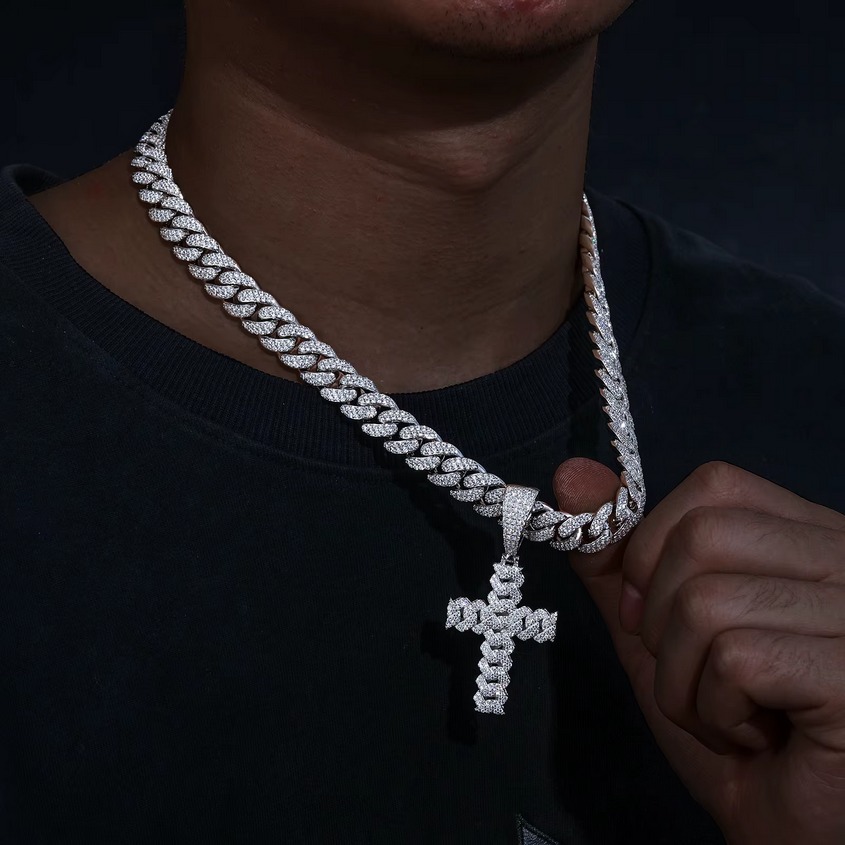 Men's Platinum 925 Sterling Silver Full Moissanite 10mm Cuban Link Cross Pendant - Image 4