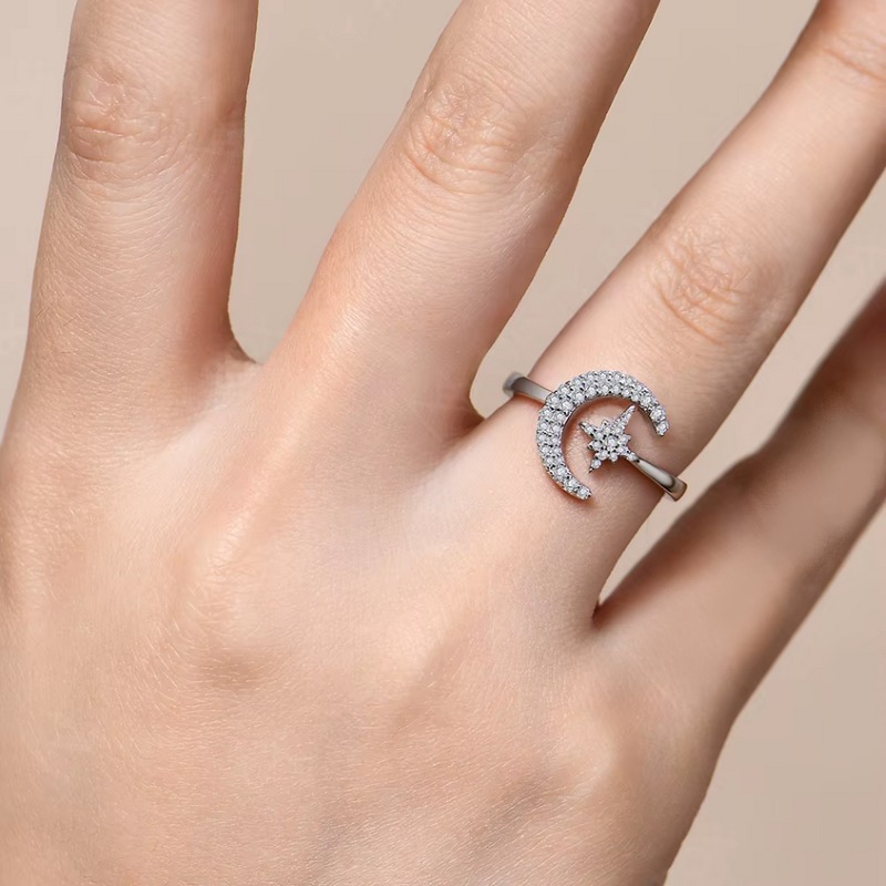 18K 925 Sterling Silver Full Moissanite Moon & Star Luxury Ring (Size 5-10) - Image 2