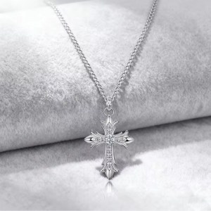 Luxury 18K 925 Sterling Silver Creative Flame Cross Moissanite Pendant Necklace