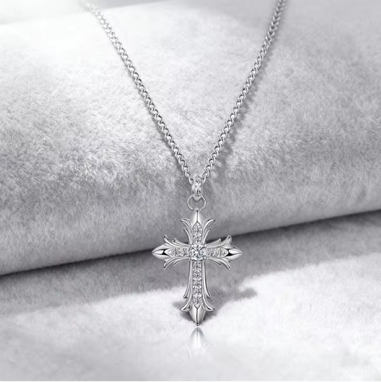 Luxury 18K 925 Sterling Silver Creative Flame Cross Moissanite Pendant Necklace