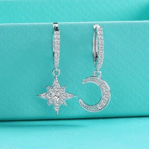 Elegant 18K 925 Sterling Silver Full Moissanite Moon & Star Drop Earrings