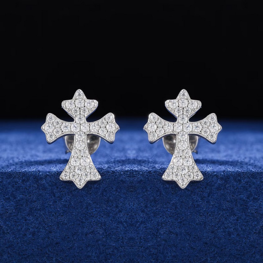 Delicate 18K 925 Sterling Silver Full Moissanite Faith Cross Stud Earrings - Image 5