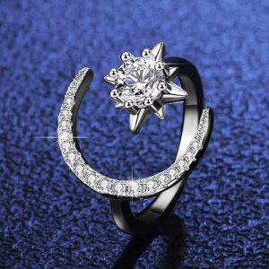 18K 925 Sterling Silver 0.5CT Moissanite Moon & Star Adjustable Ring (Size 6-7)