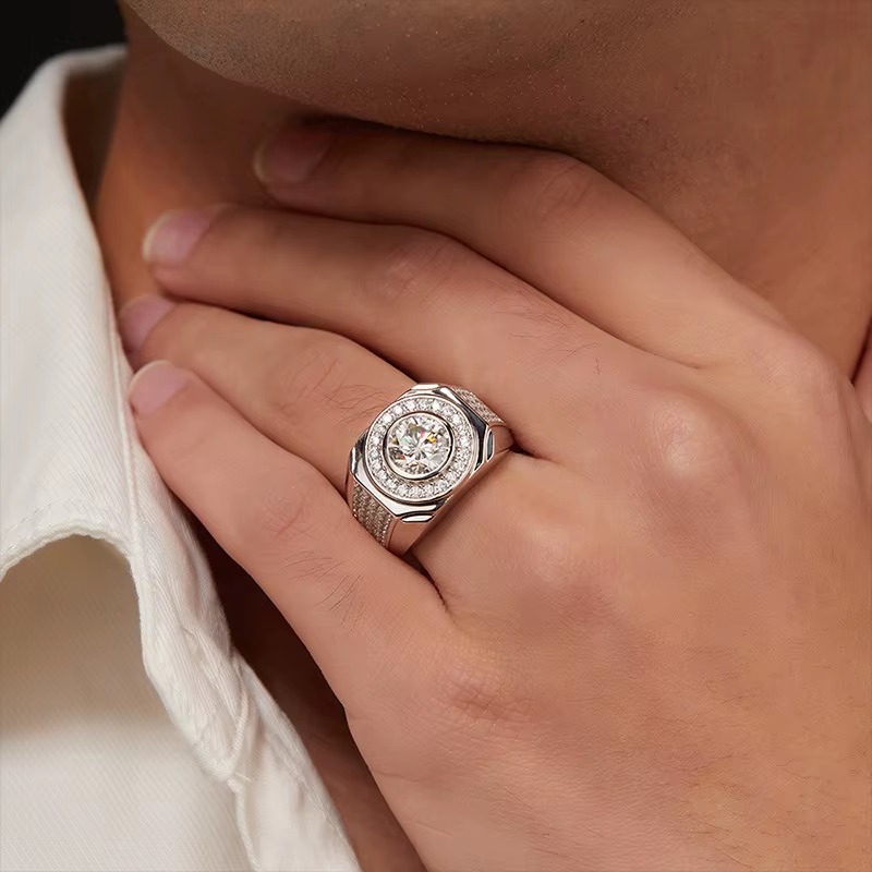 Men's 18K Solid 925 Sterling Sliver 2CT Moissanite Luxury Design Halo Ring (9-12) - Image 2