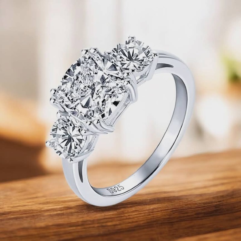 Exquisite 18K 925 Sterling Silver 3.5CT Cushion Cut 3-Stone Moissanite Ring (Size 5-10)