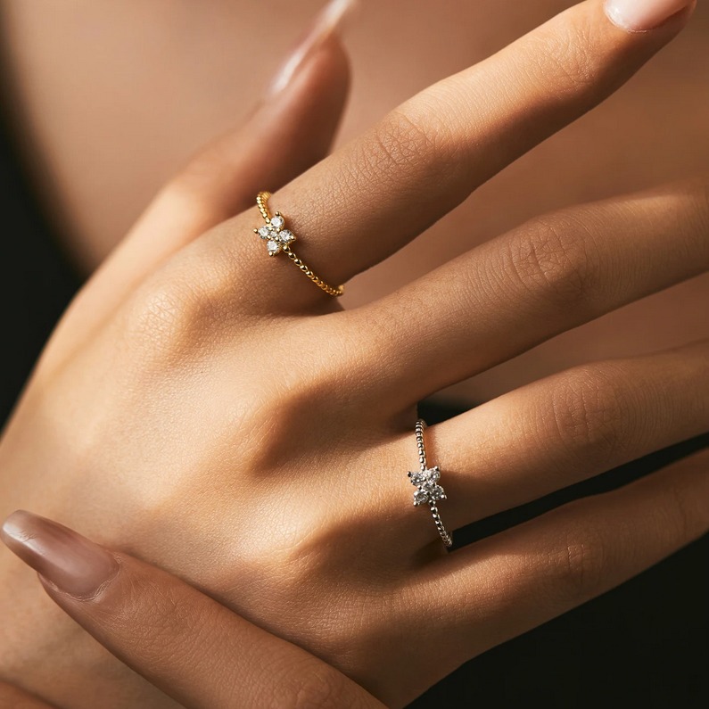 Delicate 925 Sterling Silver Full Moissanite Stackable Beads Clover Ring (5-9) - Image 3