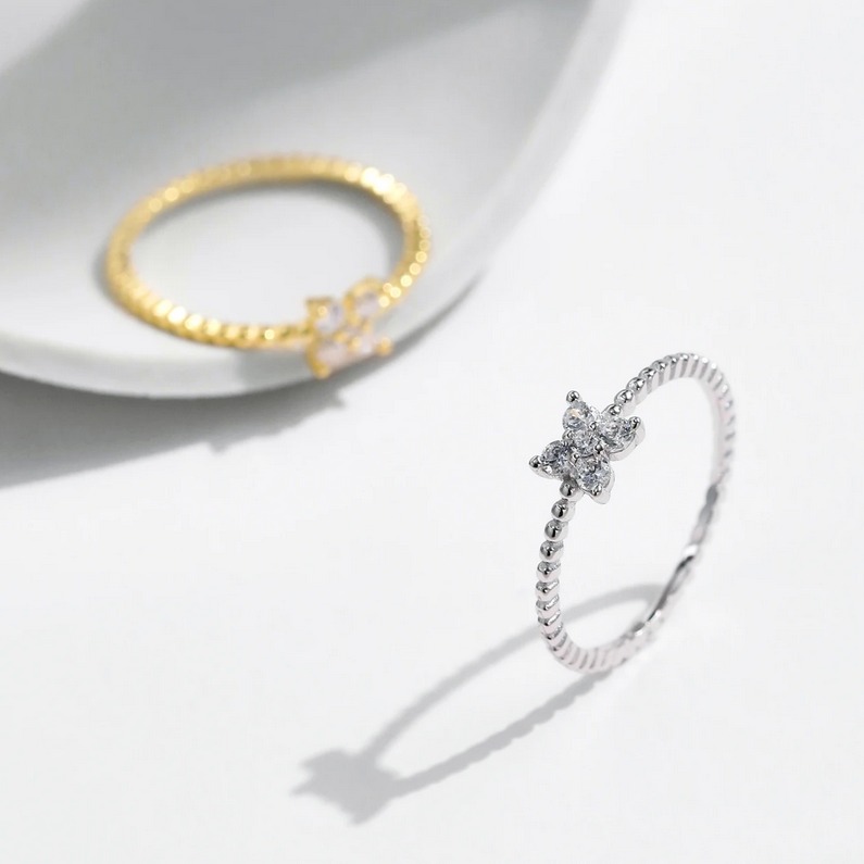 Delicate 925 Sterling Silver Full Moissanite Stackable Beads Clover Ring (5-9) - Image 4