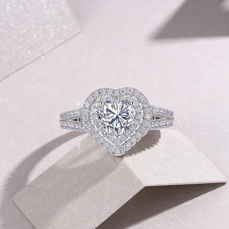 Luxury 18K 925 Sterling Silver Full Moissanite Double Halo Heart Ring (Size 5-9)