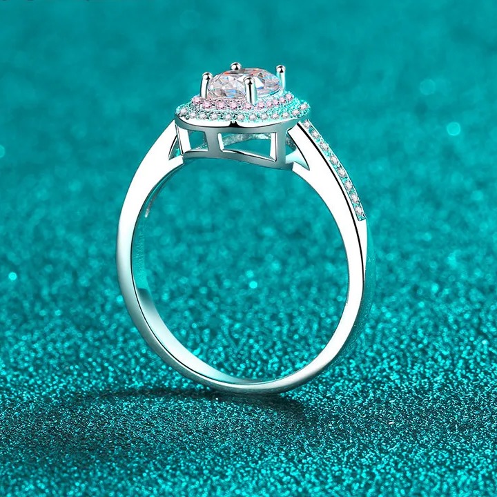 18K 925 Sterling Silver 1CT Oval Cut Moissanite Pink Inlaid Halo Ring (Size 5-9) - Image 4