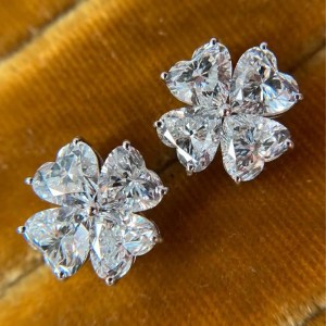 Platinum 925 Sterling Silver 2.4CT Full Moissanite Heart Cut Clover Design Studs