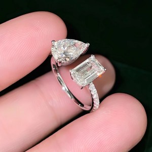 18K 925 Sterling Silver 3.7CT Full Moissanite 2-Stone Cuff Design Ring (Size 5-9)