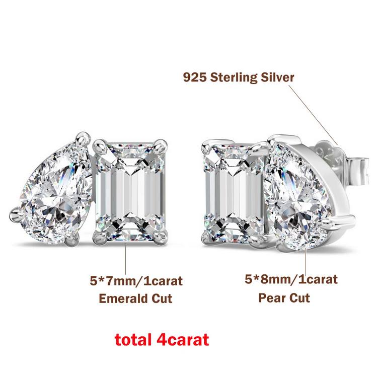 Luxury 18K 925 Sterling Silver 4CT Full Moissanite 2-Stone Design Stud Earrings - Image 5