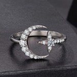18K 925 Sterling Silver Full Moissanite Moon & Star Adjustable Ring (Size 7-8)